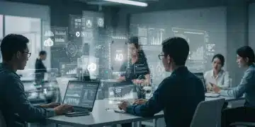 AI-powered content creation in a modern marketing office environment, showing digital tools and human collaboration.