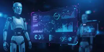 Futuristic AI marketing automation interface with data analytics and virtual assistant