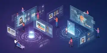 AI-powered personalization interface with holographic data and diverse users, reflecting increased customer engagement by 2025.