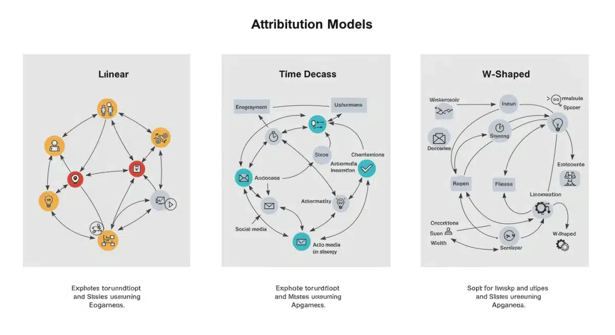 Diagram of various marketing attribution models, illustrating customer journey complexity.