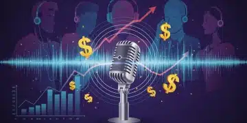 Dynamic illustration of audio content growth with sound waves, microphones, and upward graphs.