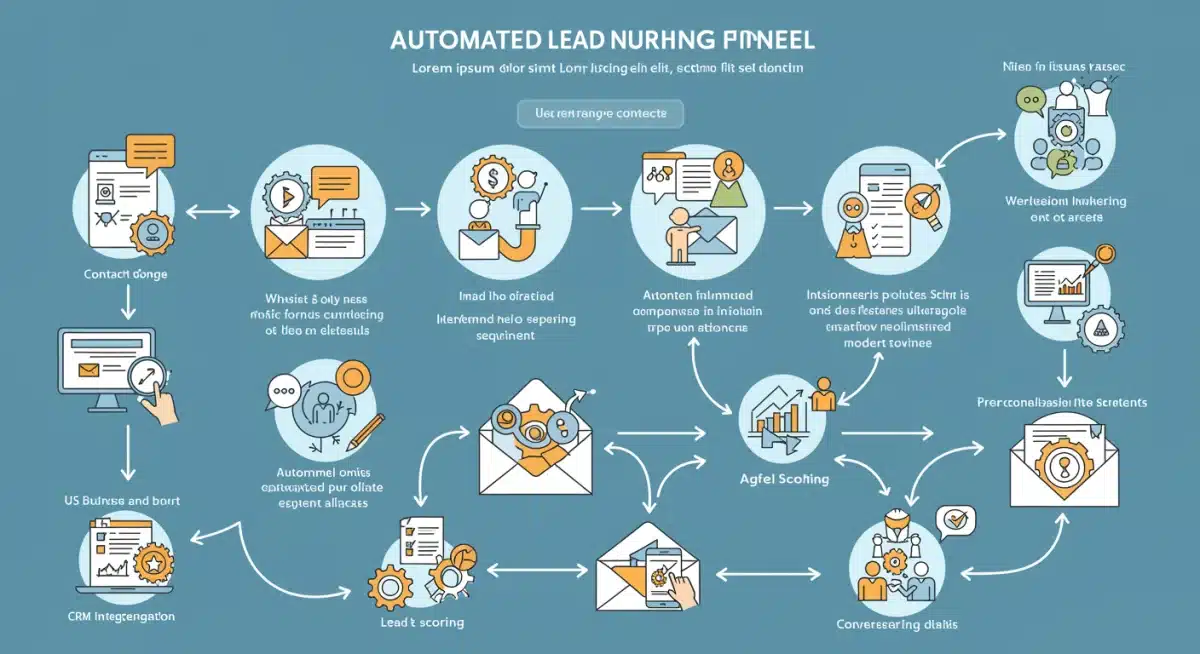 Detailed infographic of an automated lead nurturing funnel with personalized content stages.