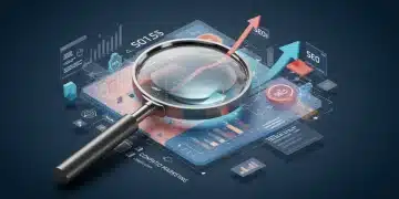 Competitive content analysis dashboard with growth metrics and magnifying glass