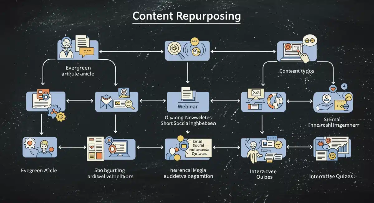 Workflow diagram for content repurposing, showing conversion paths to various media formats for enhanced SEO.