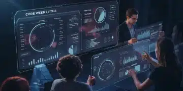 Futuristic digital dashboard showing Core Web Vitals metrics for 2025, including LCP, FID, CLS, and INP, being analyzed by a team.