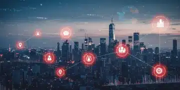 Dynamic digital map showing customer journey analytics with data points and US business growth.