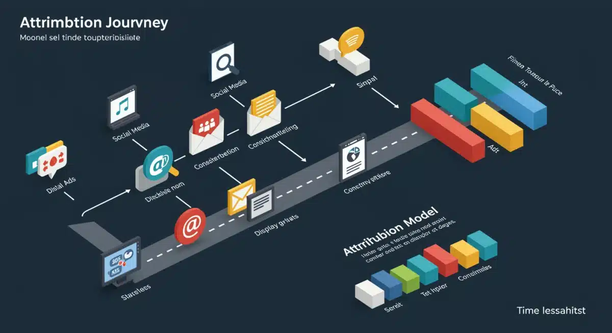 Infographic depicting customer journey touchpoints and attribution model credit distribution
