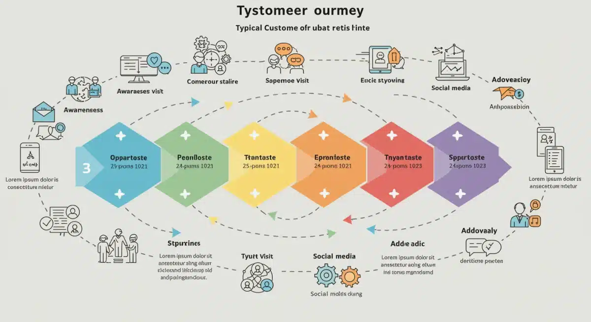 Infographic detailing customer journey stages with interaction points and key metrics.