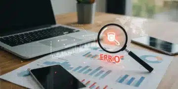 Data dashboard with magnifying glass highlighting analytics error