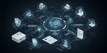 Digital illustration of data privacy regulations influencing marketing automation strategies in 2025, with interconnected data points and protective shields.