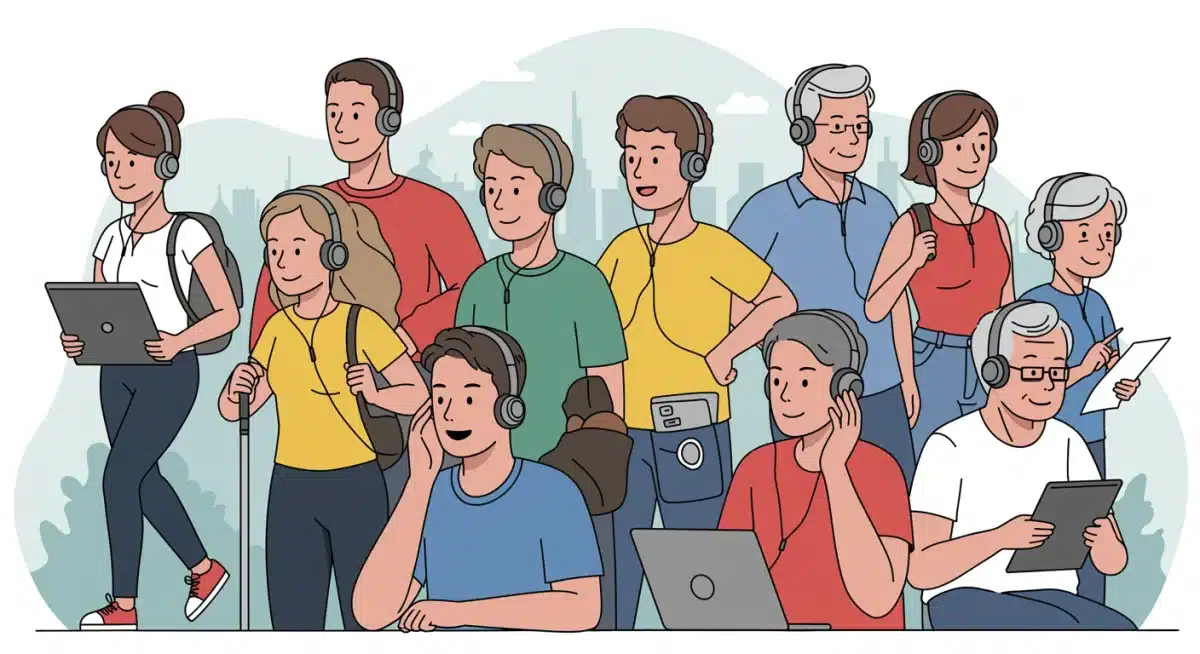 Diverse audience listening to podcasts and audio content on headphones in various settings.