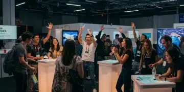 People engaging with an interactive brand experience at a modern event.