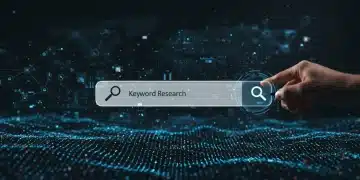 Futuristic digital landscape with advanced keyword research tools and semantic SEO concepts.