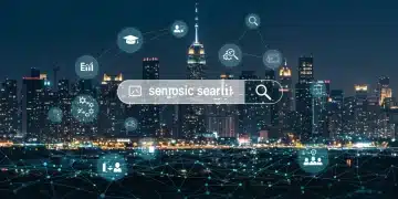 Futuristic digital landscape illustrating semantic search and E-E-A-T in SEO
