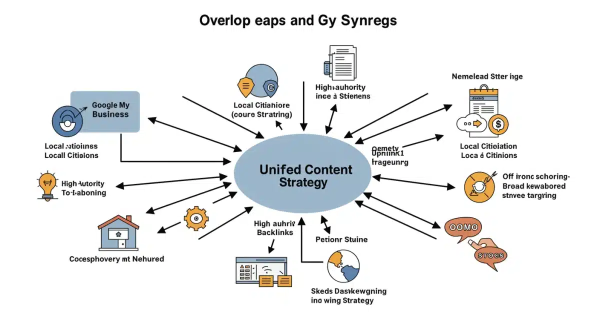 Synergy between local and national SEO components in a unified strategy