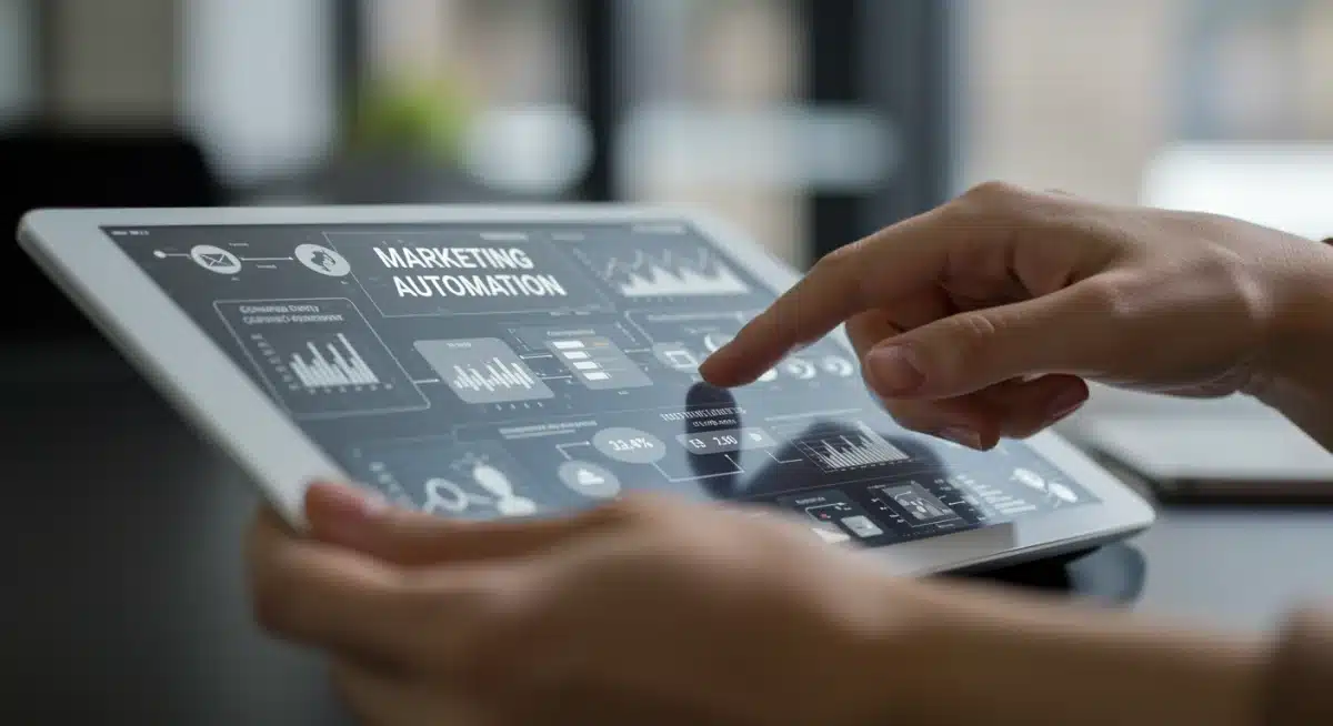Hand interacting with a tablet showing a marketing automation dashboard.