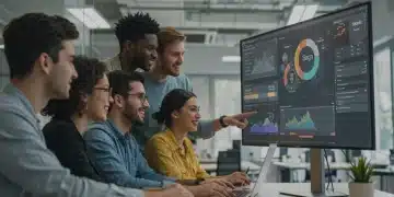 Diverse marketing team collaboratively learning marketing automation software on a large screen.