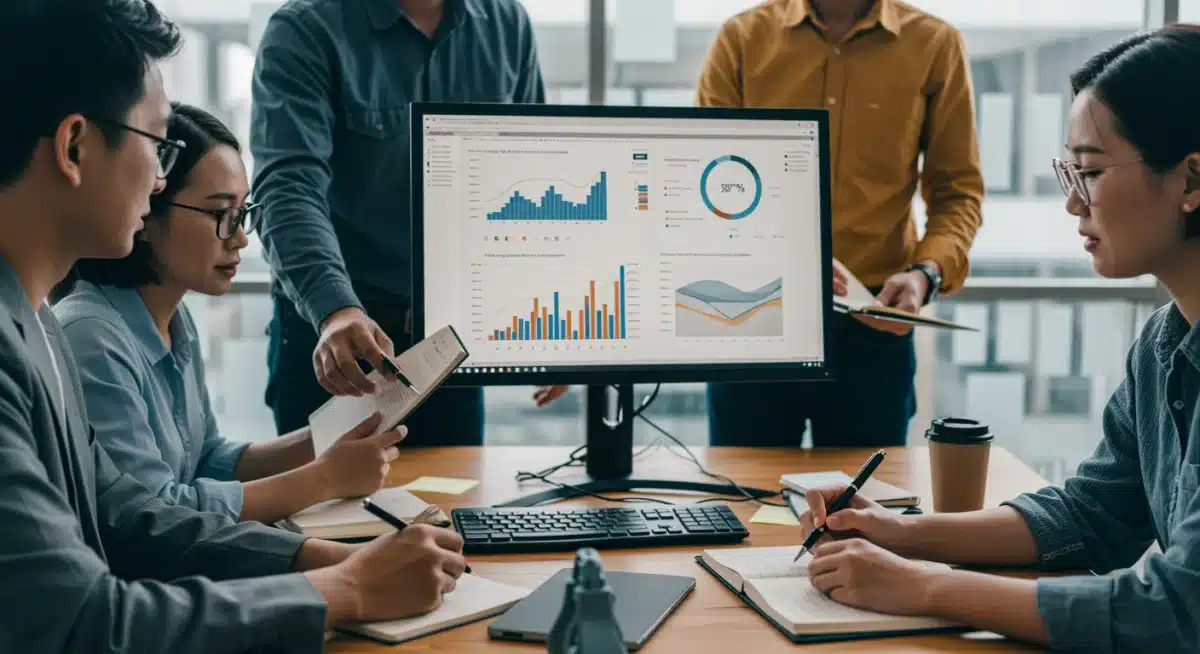 Marketing team collaborating on campaign performance analysis and strategy