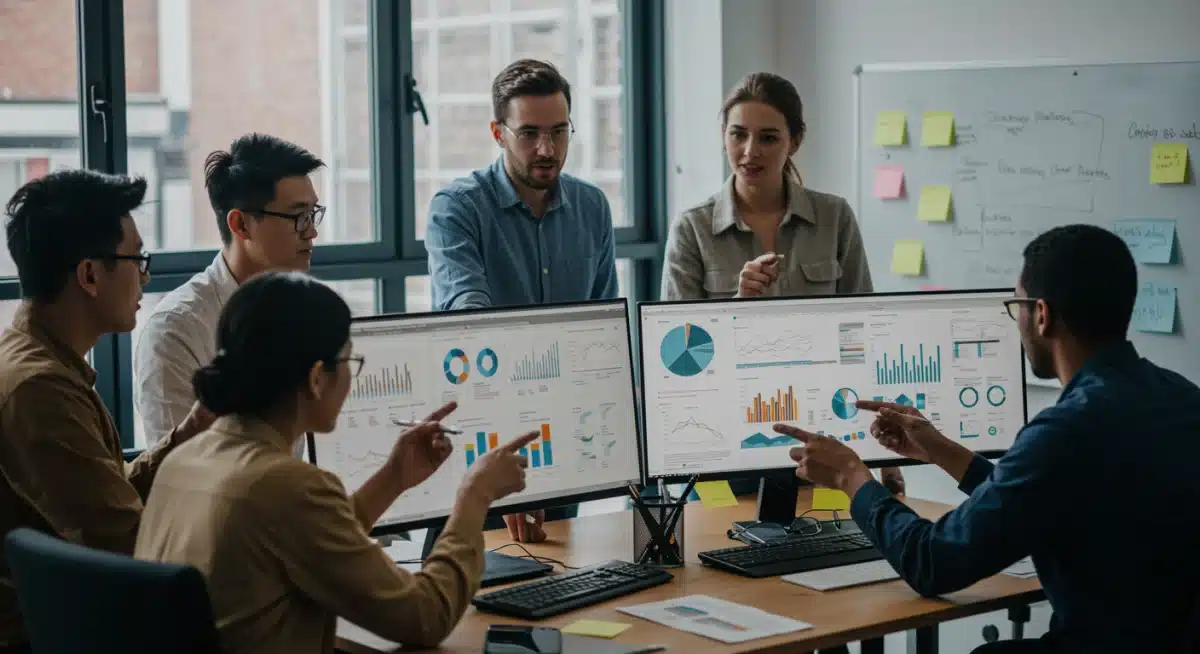 Marketing team analyzing digital performance data for strategic insights