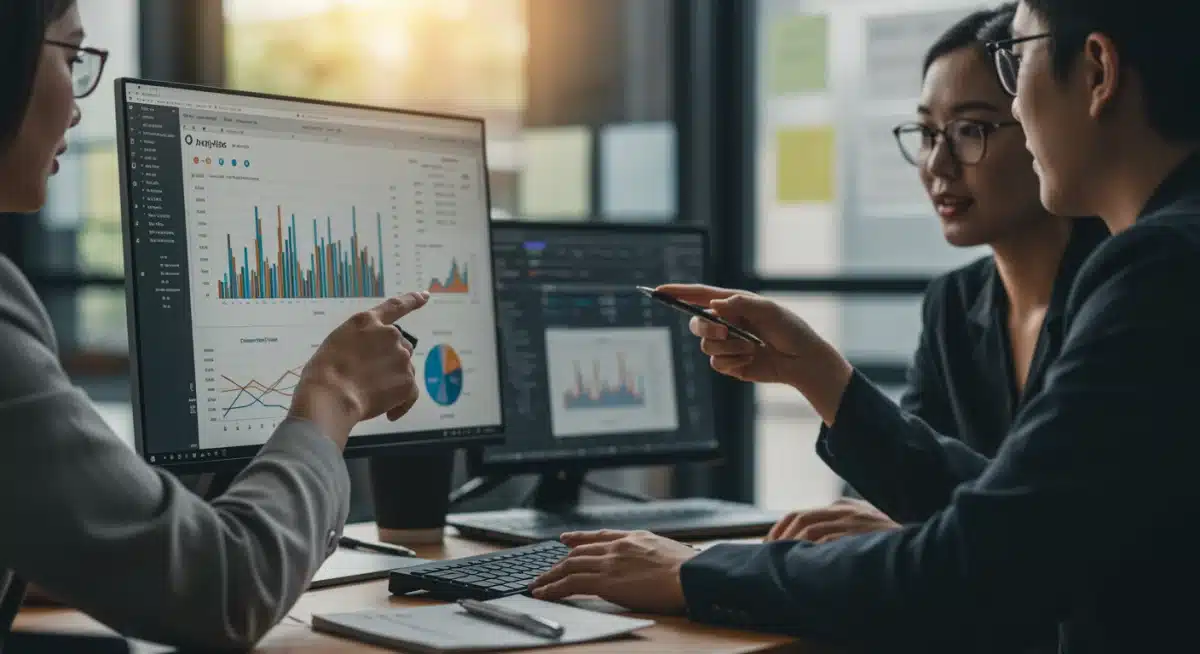 Marketing team analyzing conversion rates and customer lifetime value data