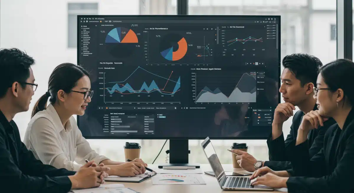 Marketing team analyzing data visualizations for ad spend optimization.