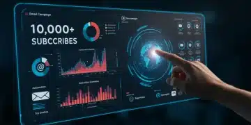 Futuristic dashboard showing scalable email automation metrics for 10,000+ subscribers in 2025