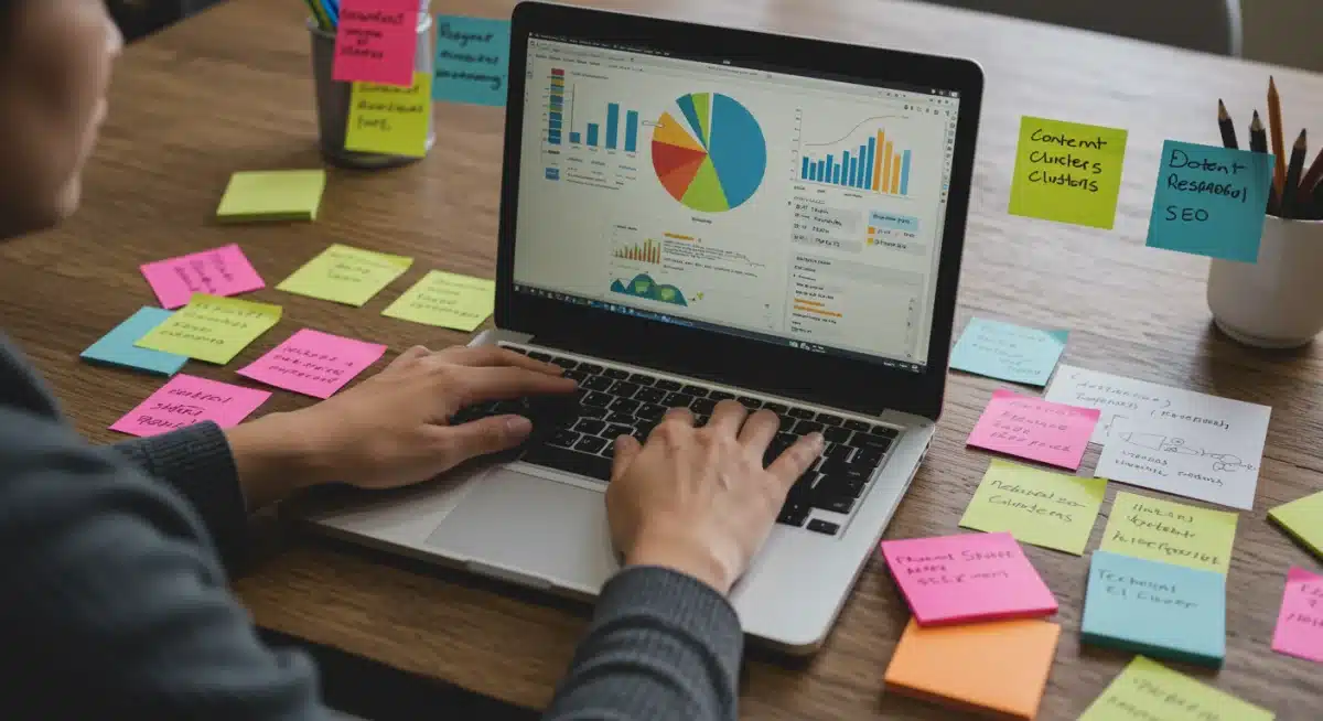 SEO specialist optimizing content and technical elements on laptop