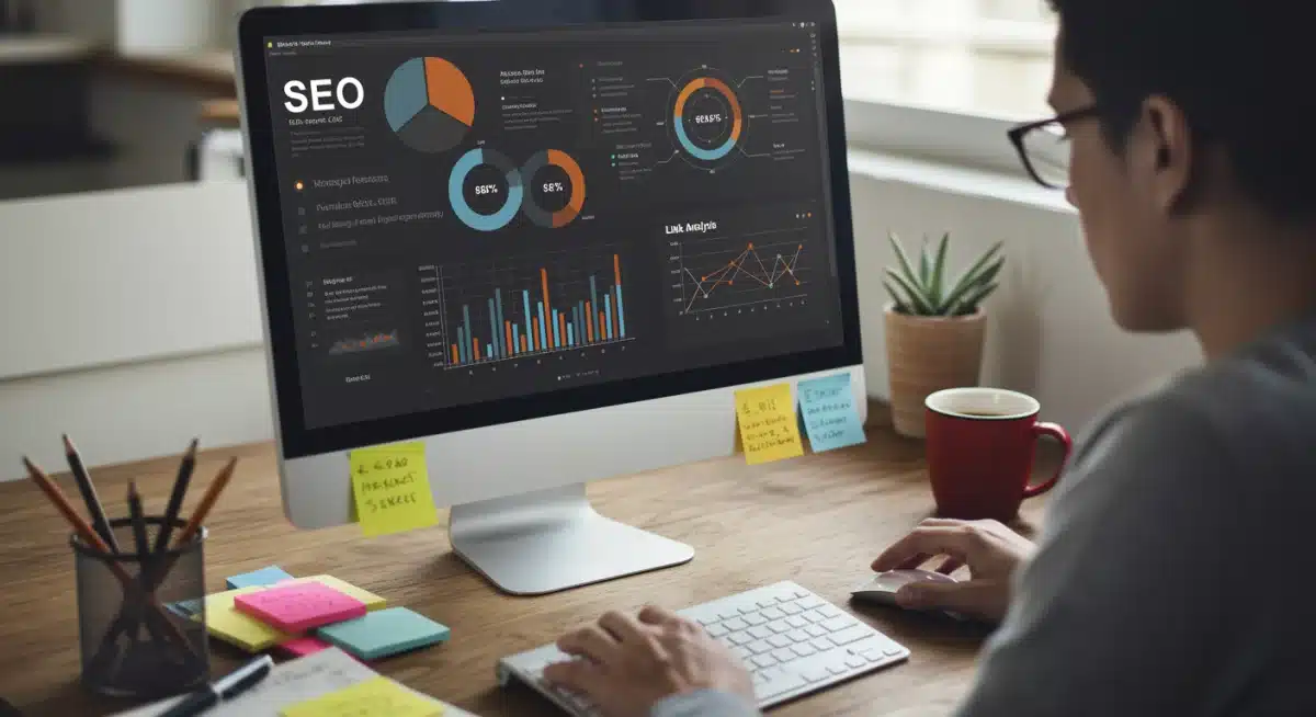 SEO specialist analyzing link building metrics on a computer