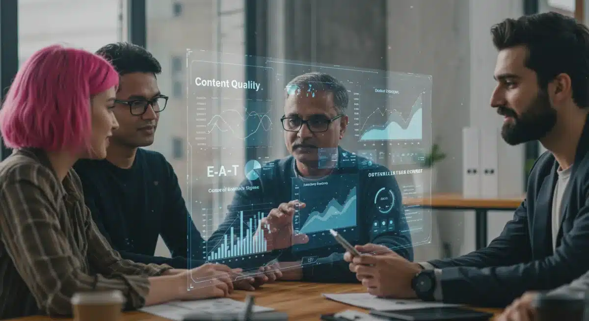 SEO team collaborating on content quality and E-A-T signals