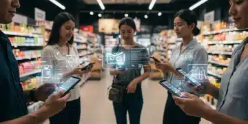 Shoppers using smartphones for visual search in a retail store, highlighting innovative product discovery.