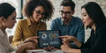 Small business owners analyzing marketing automation data on a tablet