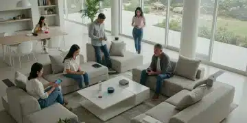 Consumers engaging with smart speakers in a futuristic home environment, highlighting voice search trends.