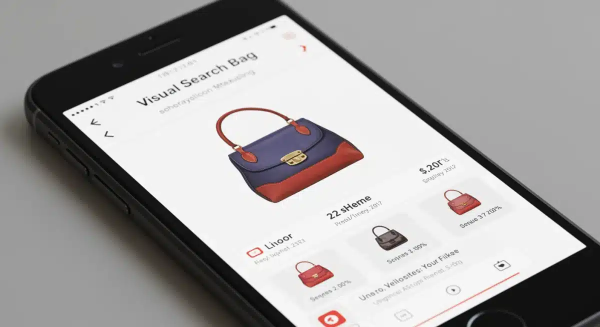 Smartphone app demonstrating visual search for a handbag, showing product matches and purchasing options.